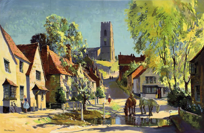 Kersey in 1957. Although Jack Merriott's watercolor presents an idealized image of the village – it was commissioned for use in a railway advertising campaign – it does give an idea of just how 'old' Kersey must have looked to strangers in the year it became central to a 'timeslip' case.