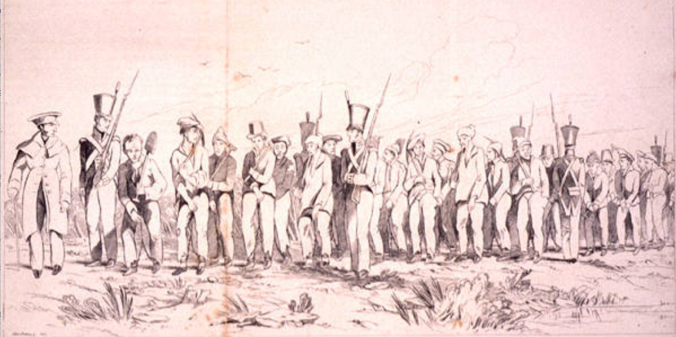 Asutralian convicts formed into a chain gang – a sketch made near Sydney in 1842.