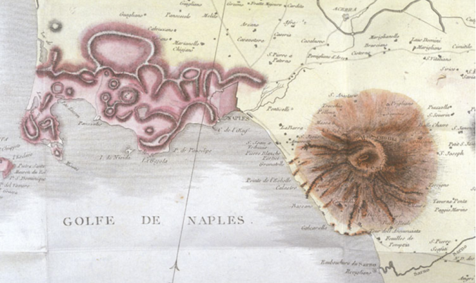 The Phlegræan Fields (left) and Mount Vesuvius, after Scipione Breislak's map of 1801. Baiae lies at the northeastern tip of the peninsula of Bacoli, at the extreme westerly end of the Fields.