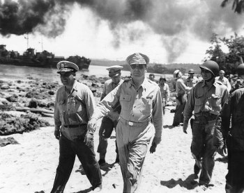 General Douglas MacArthur arrivbes on Morotai. The island witnessed fierce fighting after the American landings in September 1944.