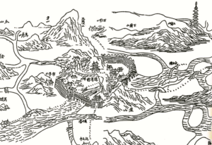 An 18th century drawing of the town of Te'ching. The watergate where all the trouble started can be seen on the right.