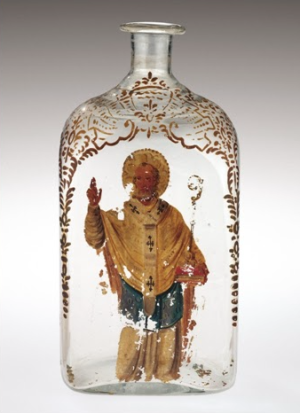 A seventeenth century glass flask designed to contain Manna of St Nicholas – a healing oil supposed to drip miraculously from the saint's tomb in Bari. According to contemporary sources, Aqua Tofana was sold, disguised as Manna, in bottles much like this.