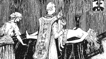 The Abbé Guibourg prepares to sacrifice an infant during an amatory mass. From 'The Guibourg Mass' by Henry de Malvost, Paris, 1903.