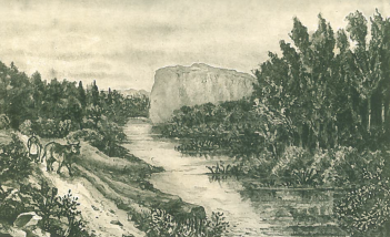 A 19th century engraving of the Blavet at the spot where Conomor's fortress, Castel Finans, once loomed over the river on the edges of the ancient forest of Quénécan. the castle – which in those days would have been built of wooden pallisades – once stood on the cliffs over the river. Today, thanks to the construction of a dam, the water level is vastly higher, obscuring the great defensive qualities of the position.