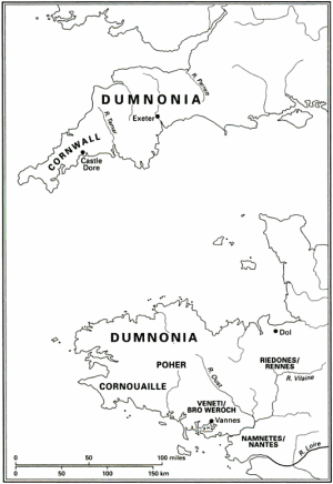 Brittany in the 6th century, from the New Cambridge Medieval History. Conomor's domain ran along the northern coast, corresponding roughly to Dumnonia. Waroch's was in the south-east, corresponding roughly to Veneti. We have no idea of the borders of their territories. Click to view in higher resolution.