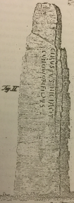 Borlase's engraving of the Long Stone as it was c.1750. Note its width – much greater than that of the surviving monument today.