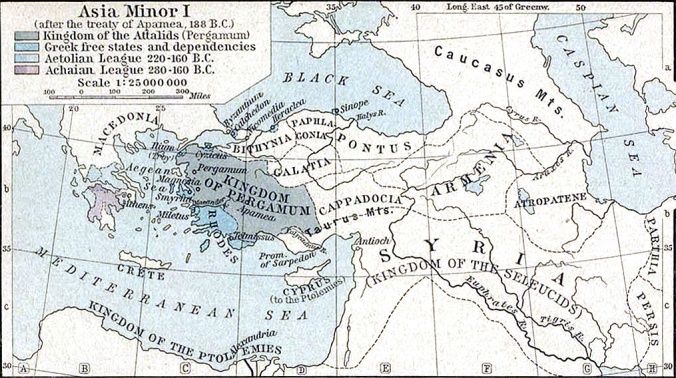 The rump of the once-mighty Seleucid Empire in about 188 BC, is shown here (untinted, right, labelled "Syria") half a century before Eunus's revolt. The Cicilian pirates who operated along its mediterranean coast had their bases at the foot of the Taurus Mountains.