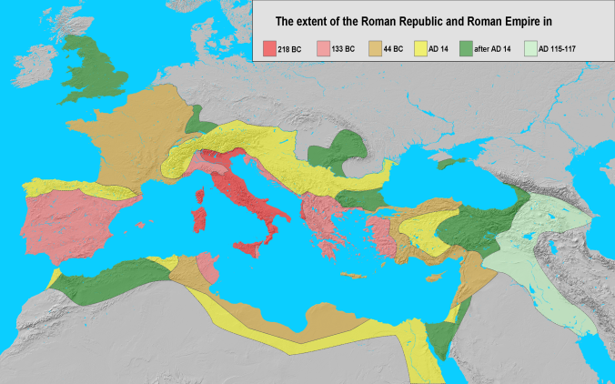 The territories of the Roman Republic at the time of the First Servile War – shown in dark and light red. The map shows some areas of Sicily in orange; these were former Greek cities bound to Rome by treaty obligations and at this stage at best only nominally independent. Source: Wikicommons.