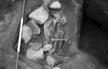One of the skeletons excavated at Cladh Hallan in the Hebrides. The body had been preserved in peat and kept above ground for years before being buried. The details are baffling; the head is male and has been placed on a female body. The woman's hands each contain an incisor removed from the man's skull.