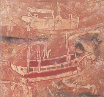An Aboriginal rock drawing of a prau. Dating of such images suggests that men from the East Indies may have begun visiting Australia as early as the 16th century.