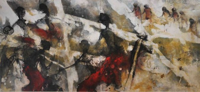 "Red Dancing," another painting from a series by Zhou Xiaoping depicting Aboriginal-Makassan contact.