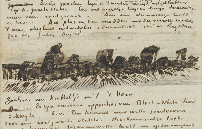 This sketch by Vincent Van Gogh, dating to October 1883, shows Dutch women working at peat-cutting in the traditional labour-intensive way. Bodies unearthed by hand were much more likely to survive intact than those exhumed by the modern, heavily-mechanised peat extraction industry.