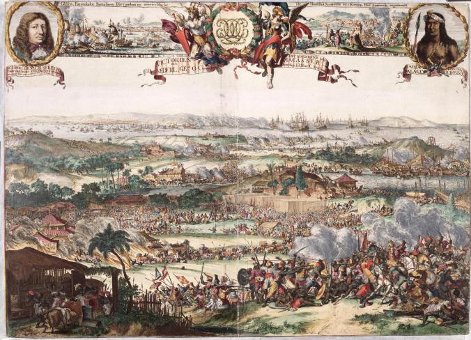 Engraving of the conquest of Makassar by a Dutch fleet in 1669. 