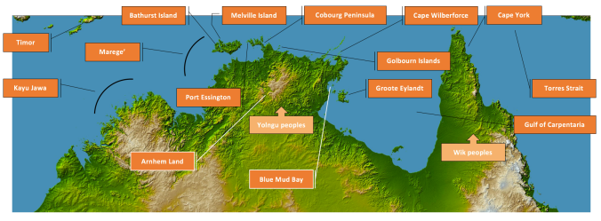 Australia's Top End, showing the main places and peoples mentioned in the text. Click to view in higher resolution.