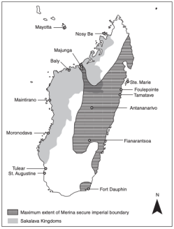Pre-colonial Madagascar, showing the extent of Merinan control over the island. From Campbell